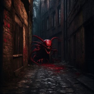 " cartoon text says 5k, A grotesque, skeletal / venom creature w...