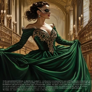 "In the opulent ballroom, a masked beauty captures every gaze, h...