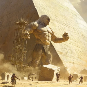 A towering giant carefully places a massive limestone block onto...