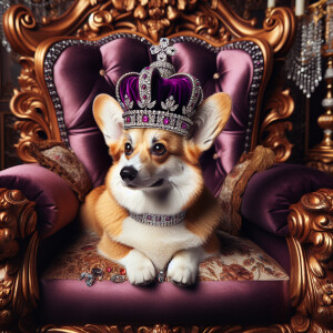 Create a realistic picture of a pembroke corgi with a purple cro...