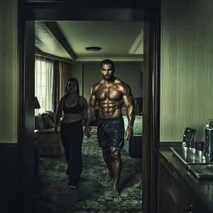 Rewlism,photo,a muscular, sweaty man entering a New York hotel r...