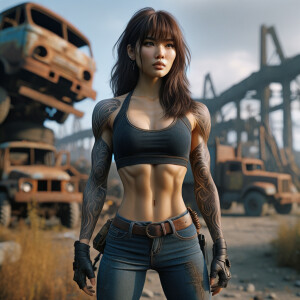 Thin Asian teen girl wearing tight jeans and a halter top Long brown hair and bangs, tattoos on her arms, athletic heroic pose