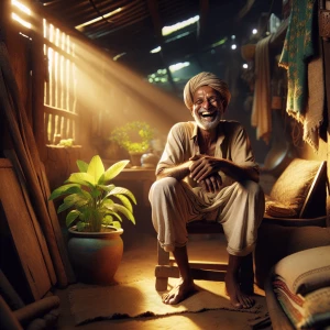 A man sitting on a makeshift stool in a simple, run-down home, h...