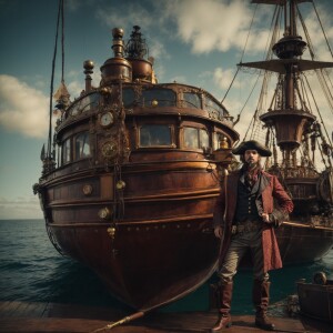 Pirate standing on his small ship