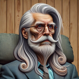 Digital art, a stylized clean shaven old man with super long sil...