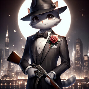 cat in a tuxedo, fedora hat, rose in pocket, Thompson rifle in h...