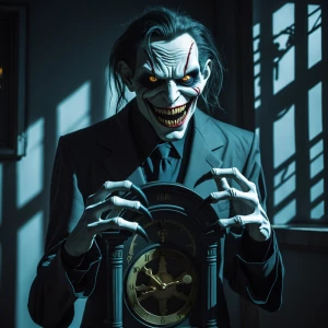 Visualize an eerie, anthropomorphic clock standing in a shadowy...