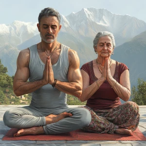Realistic art 1:1,A muscular man and his 50-year-old Kashmiri mo...