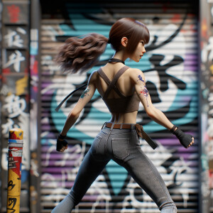 Athletic Thin skinny Attractive, Asian teenage girl, long brown hair and bangs, wearing tight skinny jeans and a halter top paint marks on her clothing, heroic pose Asian graffiti background, backside view