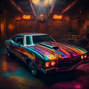 A classic muscle car with a vibrant, multicolored paint job feat...