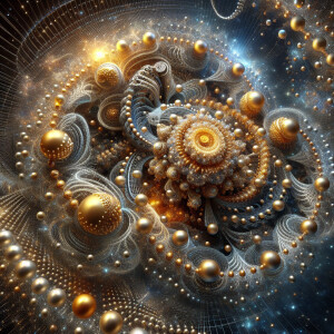 In the center of the cosmic canvas, a gilded oddball space anoma...