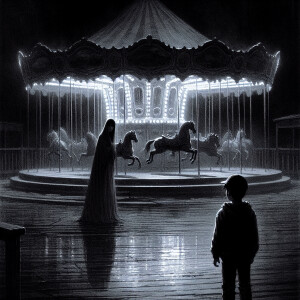 Night. An abandoned carousel. There is a boy standing next to he...