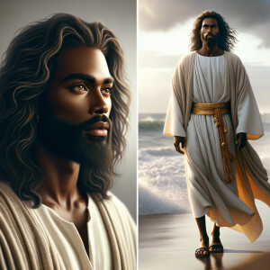 Create an image that combines two depictions of Jesus as an Afri...