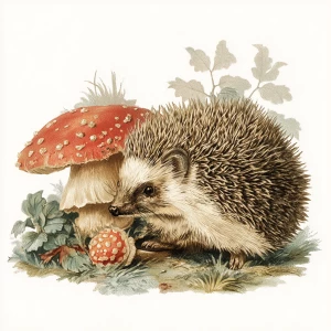 Hedgehog with mushroom, vintage illustration, white background