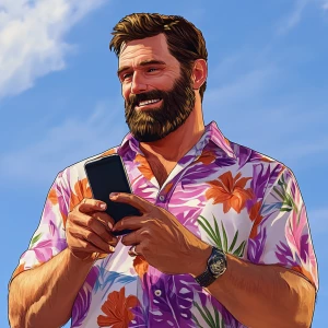 White muscular thin man with beard, big chin, smile and cheekbon...
