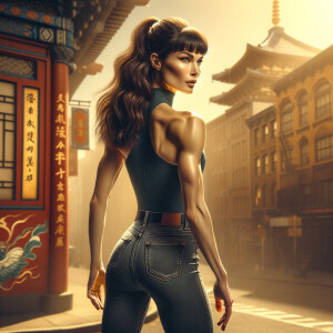 Athletic Thin skinny Attractive, Asian teenage girl, long brown hair and bangs, wearing tight skinny jeans and a halter top paint marks on her clothing, heroic pose Asian graffiti background,  backside view