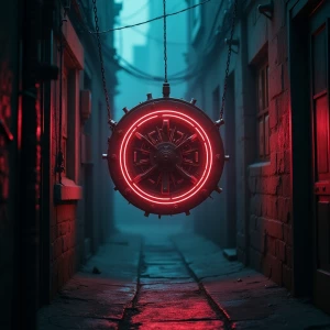 In the dimly lit alley, a neon-noir cimmerian time portal pulses...
