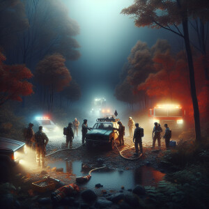 Autumn. Night. Fog. There is a broken-down car. There are rescue...