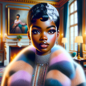 a full body veiw of a colorful gloss hyper realistic oil painting of a regal beautiful light skinned afro  American girlwith beautiful pixie cut one side of hair is black and the other side  of her hair white slick baby hair and furry white and pink and blue furry coat and outfit under the coat standing in living room with fireplace