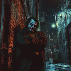 Heath Ledger Joker, GTA art style,,He standing in a dimly lit al...