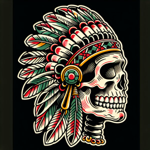 skull with head dress, profile view, in  old school tattoo style