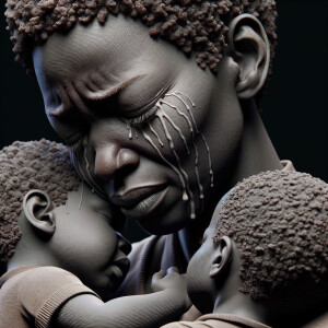 Crying black lady holding kids