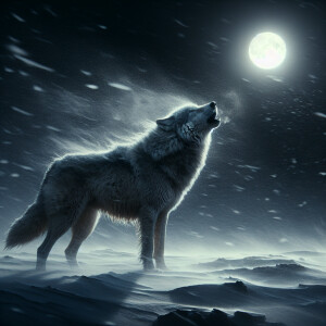 A lonely gray wolf howling at the moon in a snowy night, surroun...