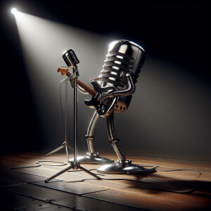 A vintage chrome microphone with metal arms and legs playing an...