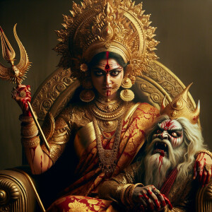 portrait of angry looking goddess durga, sitting on a gold crown and carrying a weak mahishasur on her lap and stabbing him with her amazingly designed trident. She is wearing gold armor, a huge gold crown, red saree, abundant gold jewelry, covered in blood. The scene is set in ancient India. The image is 8K resolution, cinematic, ultra detailed face and epic.