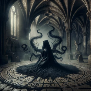 "In a forgotten crypt beneath a decaying cathedral, a creepy dol...