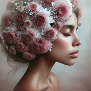 Tranquil, dreamlike digital portrait of a serene woman facing si...