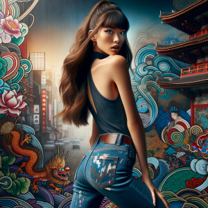 Attractive, Asian teenage girl, long brown hair and bangs, wearing tight skinny jeans and a halter top paint marks on her clothing, backside view heroic pose Asian graffiti