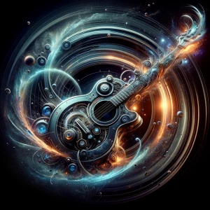 Dramatic splash art. A gothic guitar transforms into a swirling...