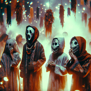 masked children at Halloween, dressed in macabre clothes with co...