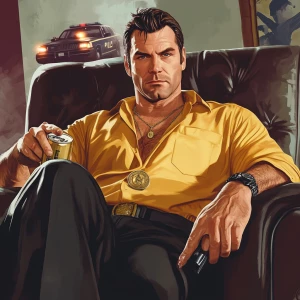 A man with short, dark hair styled back, dressed in a bright yel...