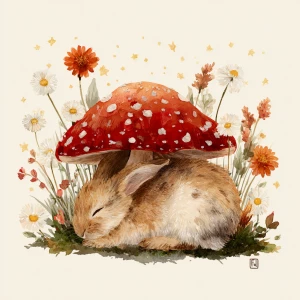 Cute fluffy rabbit sleeping under a large red mushroom with whit...