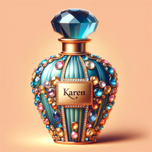 Create a 3-D realistic gold and  blue, colorful jewels perfume bottle
In the shape of a women’s body with the name Karen