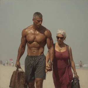 Hyperrealism  painting .a muscular sweaty criminal  man walking...