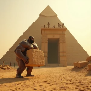 A brawny giant with tight skin effortlessly lowers a colossal li...