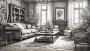 beautiful living room with vintage furnitures and flowers