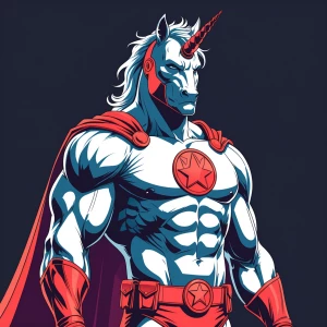 Design an illustration showcasing Unicorn Man, a powerful superhero with a muscular build and commanding presence. His distinctive, eye-catching costume should include a prominent unicorn emblem. On his helmet, incorporate a striking unicorn horn that signifies his extraordinary abilities.