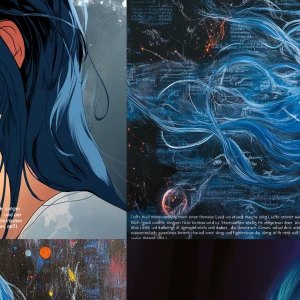 A woman with long blue hair and red eyes singing "Ich möchte sin...