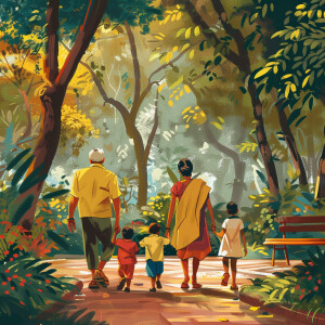 Indian modern grandparents and kids going for walk in beautiful...