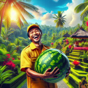 A funny man delivering a watermelon in Bali with the lush tropic...