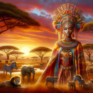 Envision a magnificent African savannah at the golden hour of su...
