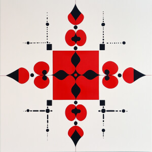 an abstract geometric design on a white square background. The d...