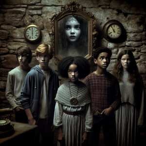 Four teenagers are standing in a dark gloomy room. The figure of...