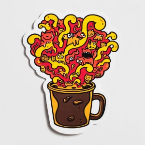 die-cut sticker design of a coffee cup, overflowing with a chaot...