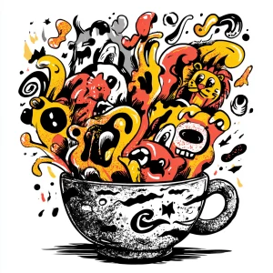 hand-drawn coffee cup overflowing with swirling steam transformi...