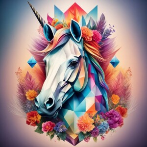 Design a unicorn head tattoo featuring bold geometric prism shap...